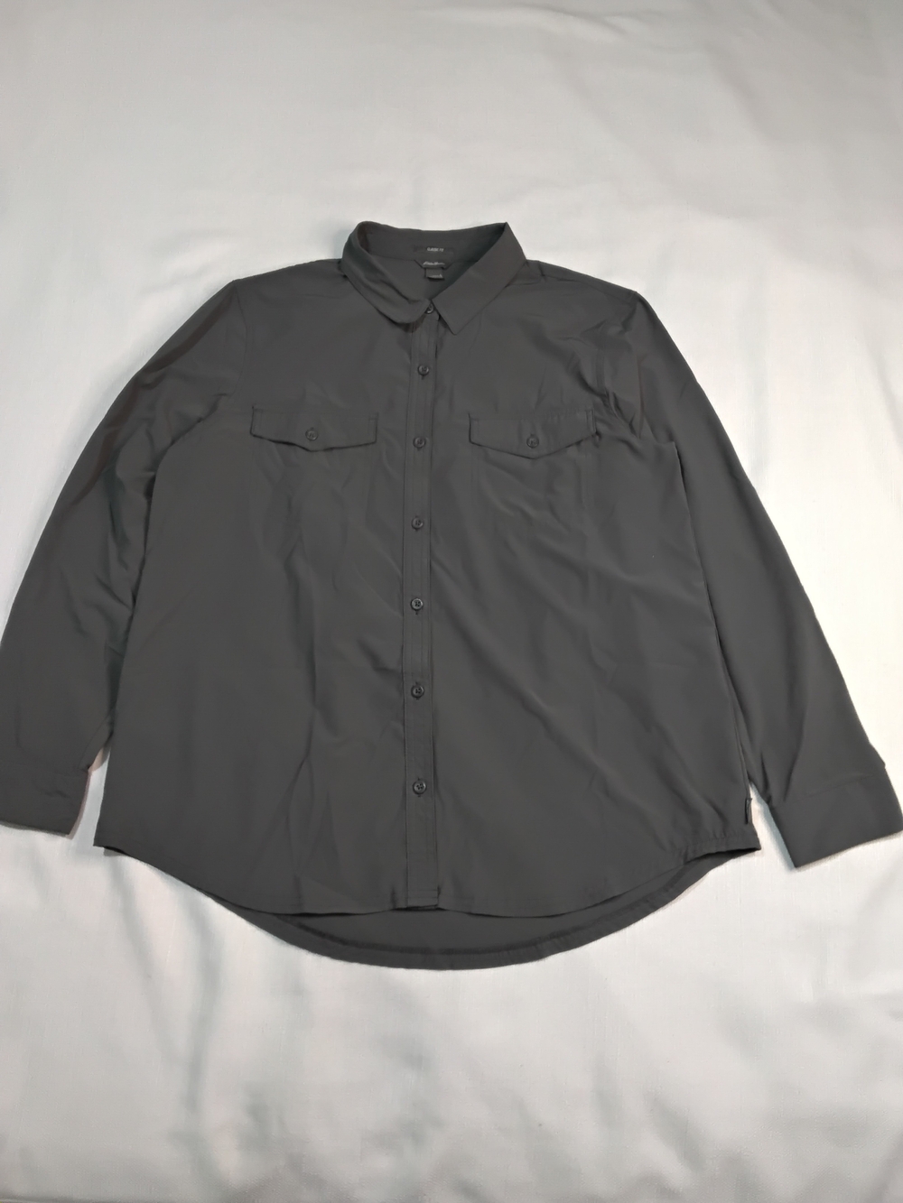 Eddie Bauer Charcoal Gray Button-Front Utility Shirt Womens Sz L, Roll Tab.